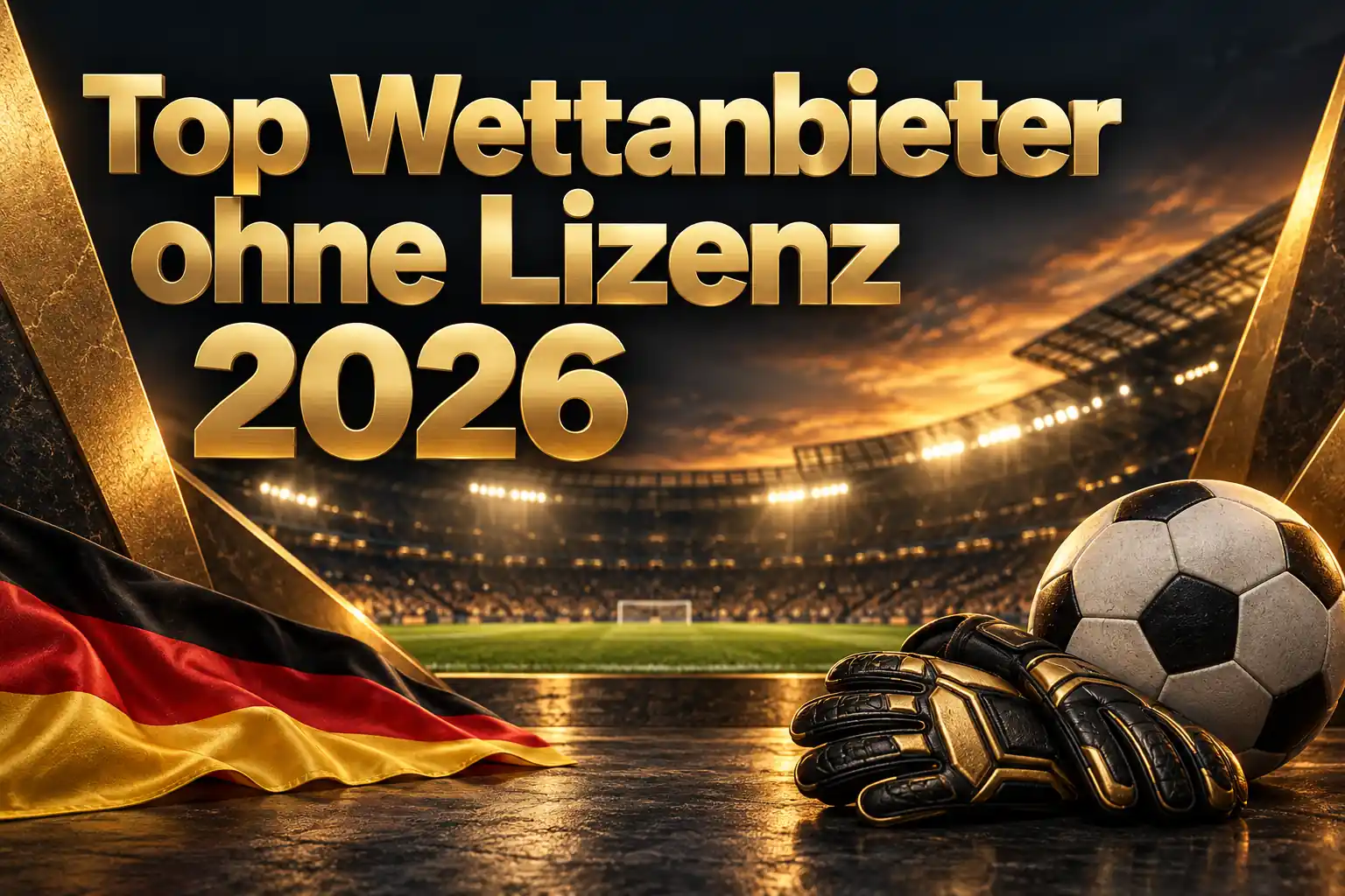 Top Wettanbieter ohne Lizenz 2026 – goldener Schriftzug mit Fußball, schwarz-goldenen Torwarthandschuhen und deutscher Flagge vor einem Stadion bei Sonnenuntergang