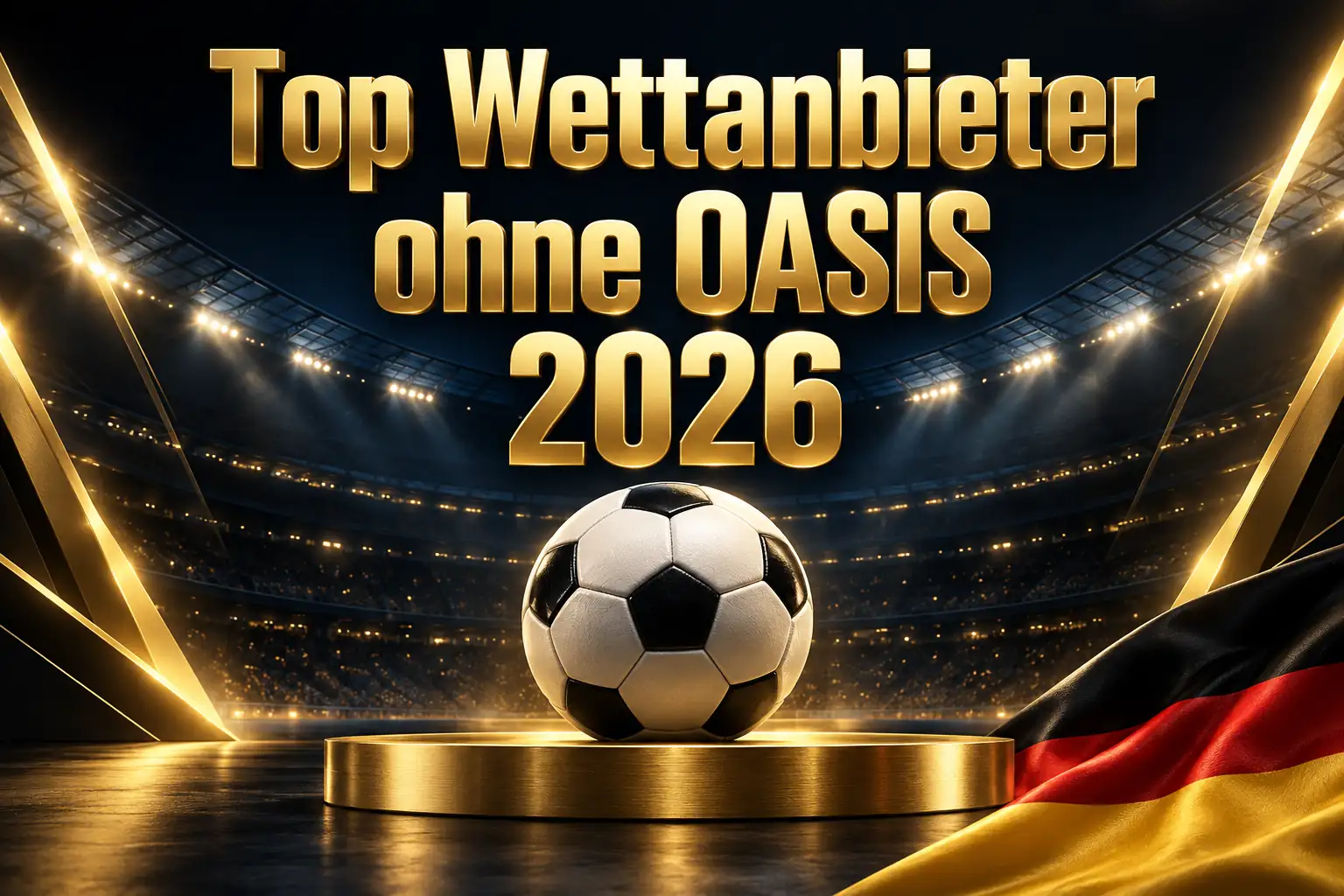 Top Wettanbieter ohne OASIS 2026 – goldener Schriftzug über einem Fußball auf goldenem Podium im nächtlichen Stadion mit deutscher Flagge
