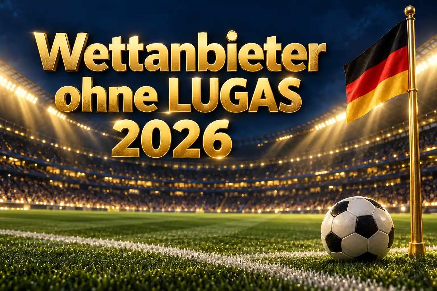 Wettanbieter ohne LUGAS 2026 – goldener Schriftzug über einem beleuchteten Fußballstadion mit Ball an der Eckmarkierung und deutscher Flagge